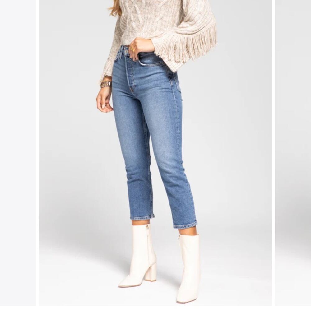 Re/Done High Rise Crop Jeans 26 Straight Leg Button Fly Blue Stretch Denim